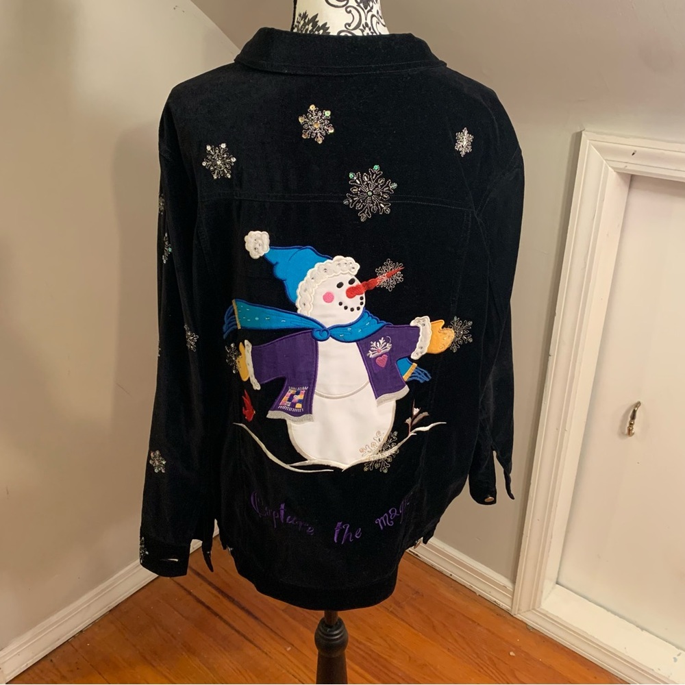 Quacker Factory Black Velour Jacket w Snowman & Rhinestones Size 1X Winter